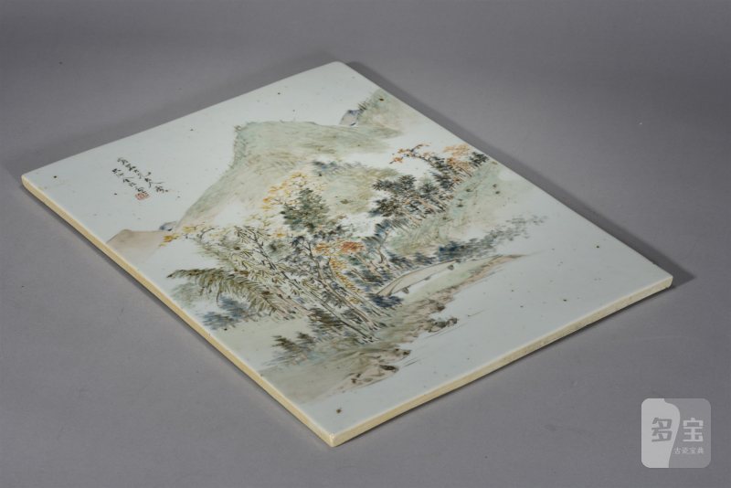 清光绪 金品卿浅绛彩「秋林远岫图」山水瓷板 - 图9